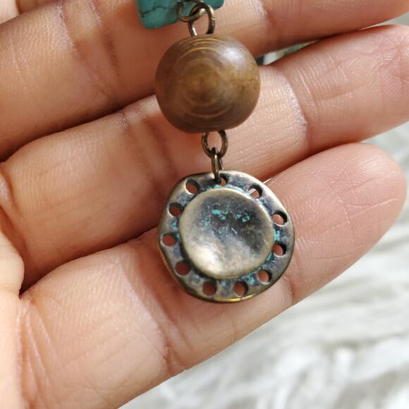 Lightweight Aztec Bohemian Stone Wood Metal Dangle Earrings - Picture 4 of 5